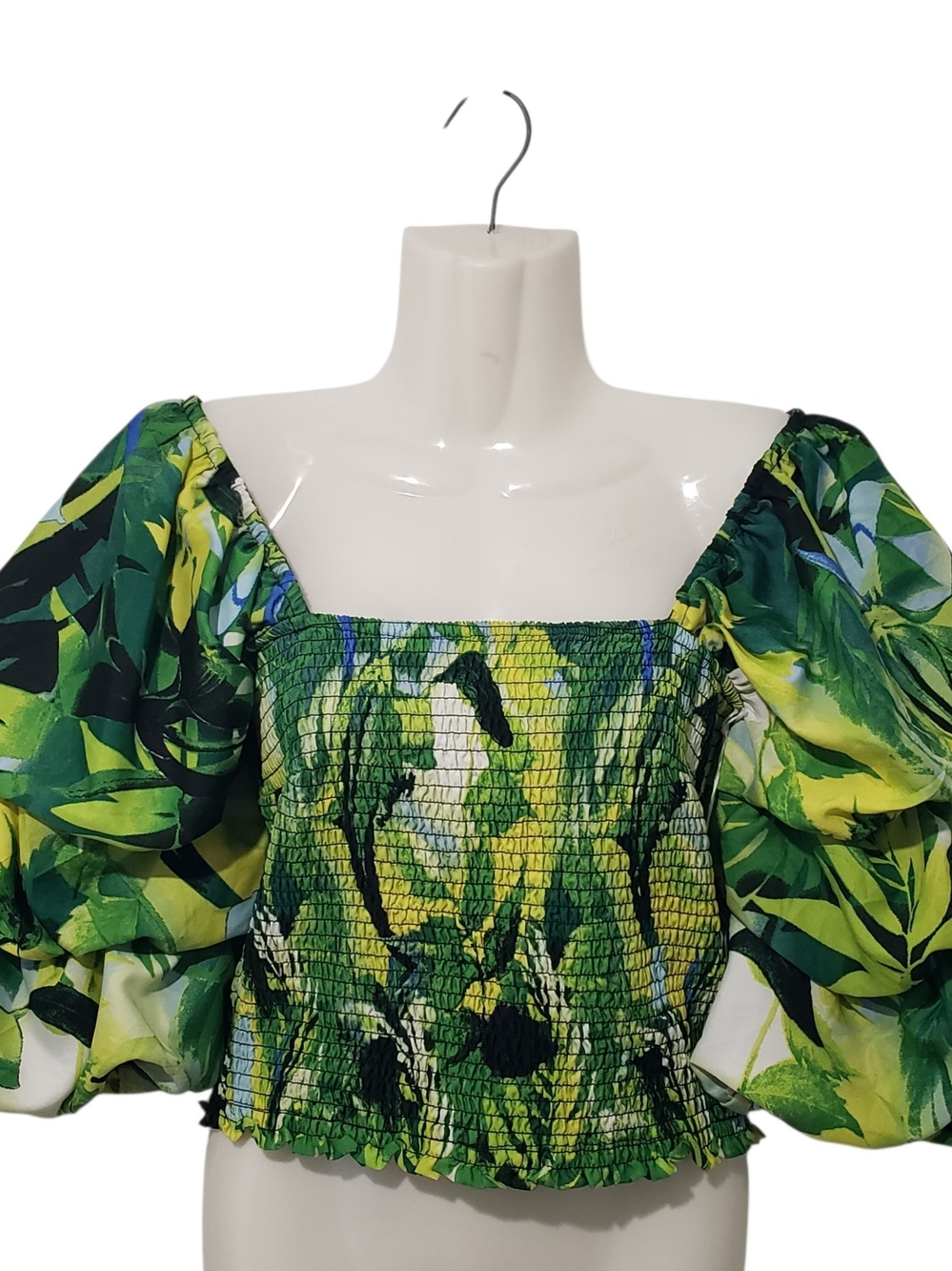 LIVE 4 TRUTH Green Yellow Tropical Smocked Puff-Sleeve Crop Top | Medium